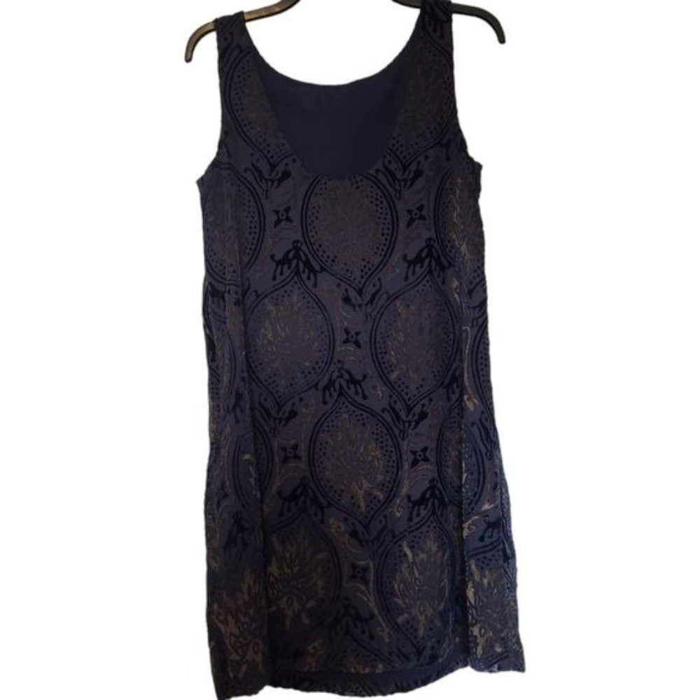 Loft Velvet Brocade Blue Gold Sleeveless Shift Dress Size Medium